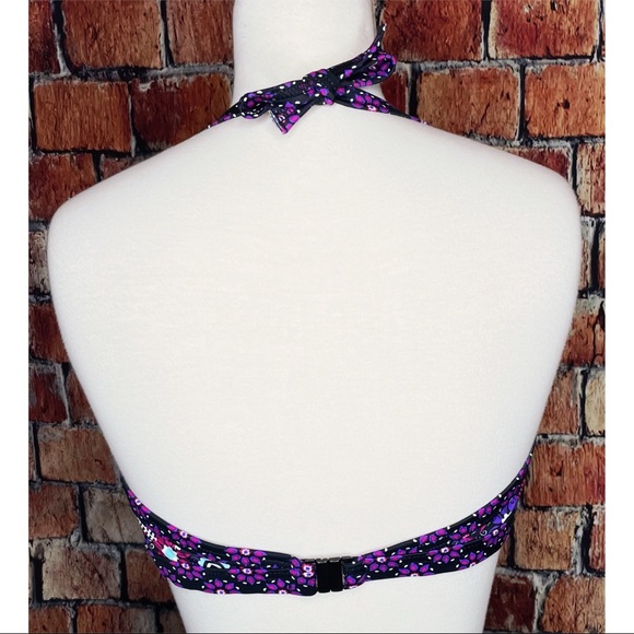 Freya Black Purple Floral Women’s Banded Halter Bikini Swim Top Size UK US 38D - Picture 3 of 5